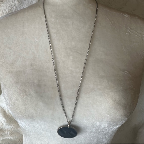 Blue Geometric Textured Metal Pendant and Silver Tone Chain - Picture 2 of 6